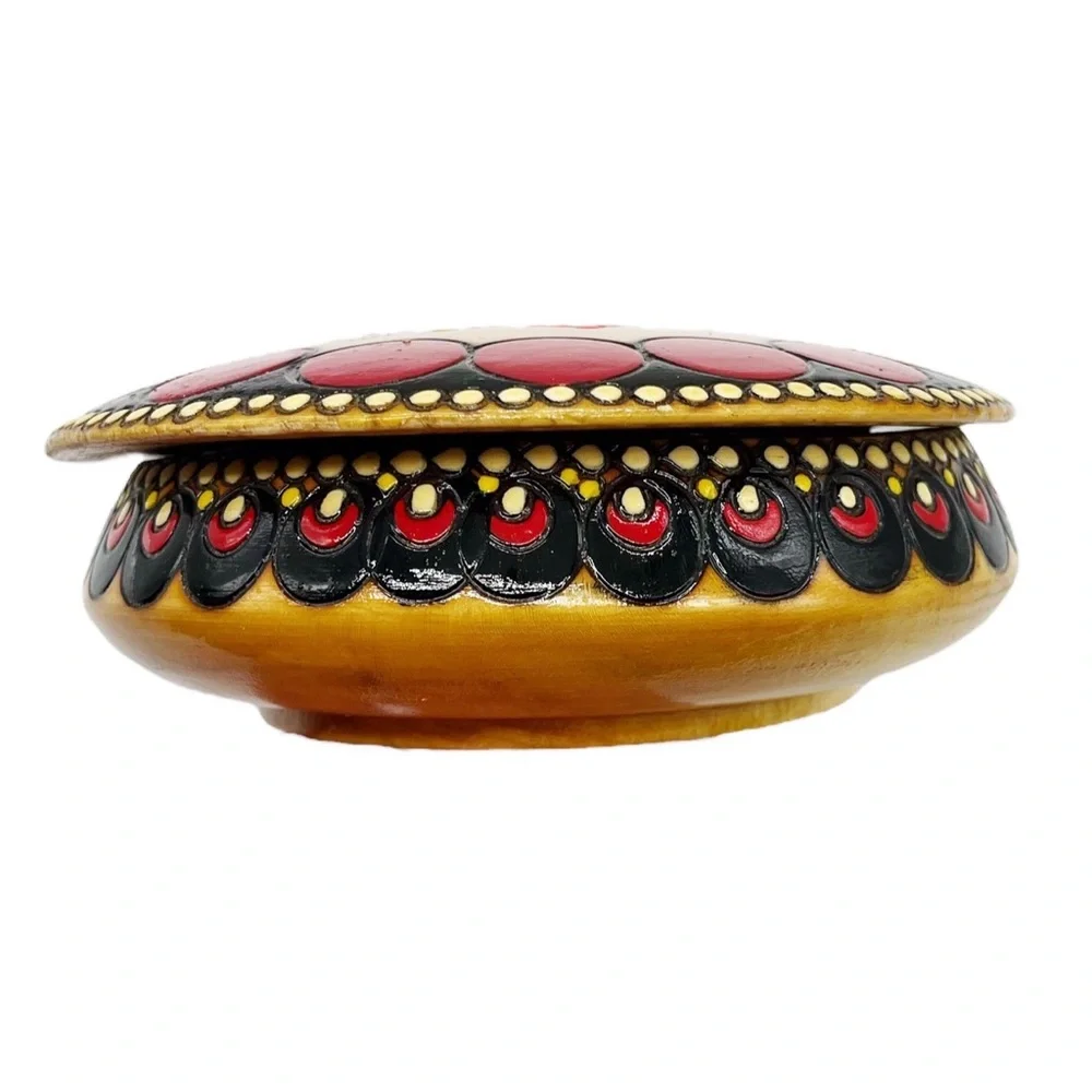 Romania Folk Art Wood Box Round Hand carved Painted Colorful Vintage Trinket